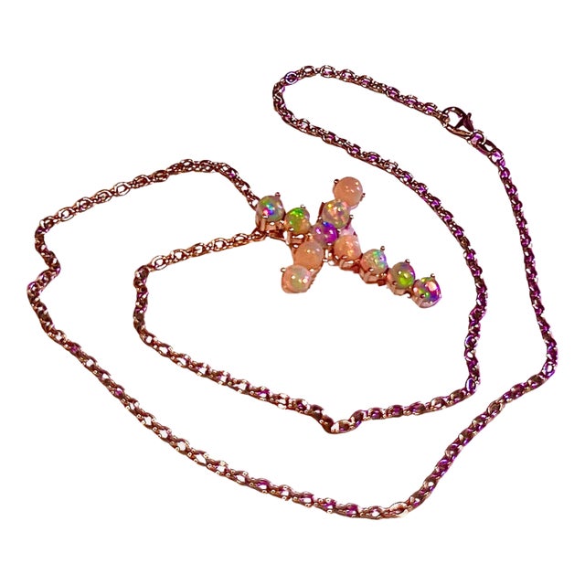 Natural Opal Cross Pendant Necklace 20" 14k WG 4.50 CT Certified For Sale