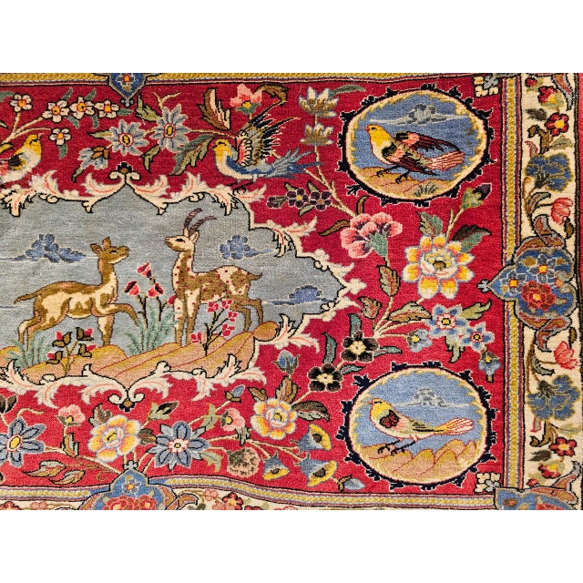 Persian Vintage Persian Tabriz Pictorial Rug, Hand-Knotted Wool & Silk, Forest Scene, Red & Blue, 2x3 For Sale - Image 3 of 15
