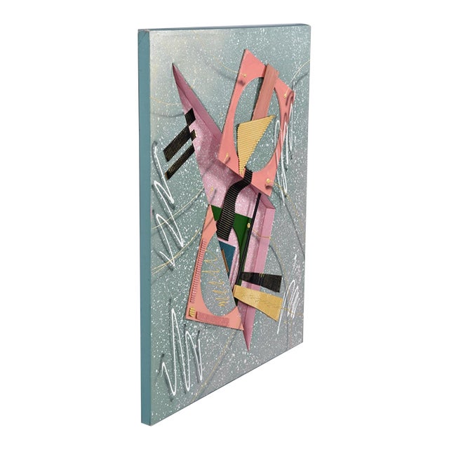 Extraordinary vintage 1980s Memphis style painting with intriguing 3D design. This is a mixed media piece that blurs the...