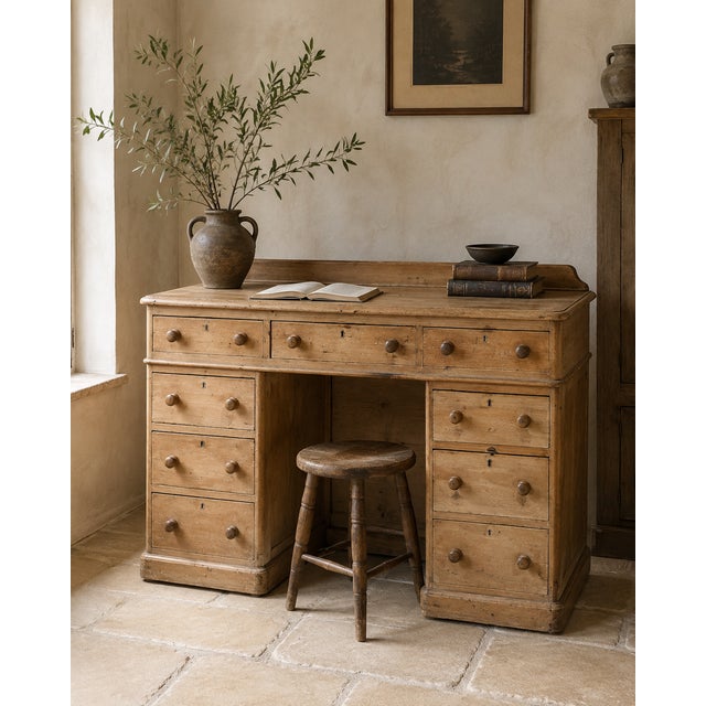 A wonderfully characterful Victorian pine pedestal desk dating to the late 19th century, circa 1870–1890. Constructed in...