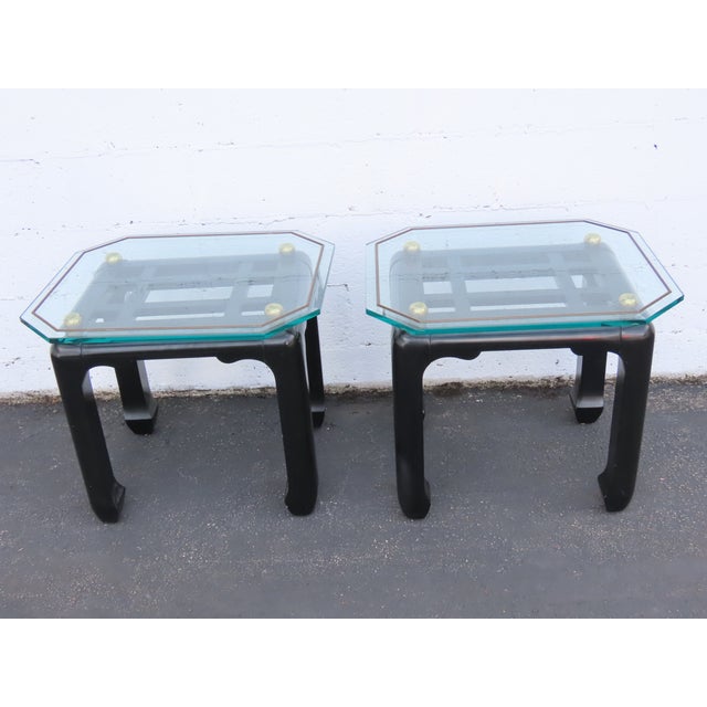 Hollywood Regency Black Painted Glass Top Side Tables a Pair 6901 For Sale - Image 18 of 18
