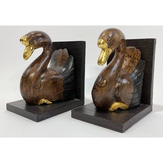 Figurative Vintage Wooden Swan Bookends With Gilt Detail For Sale - Image 3 of 10