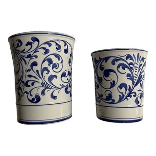 Blue and White Cachepots With Floral Scroll Design, Hand Painted in Italy- Set of 2 For Sale