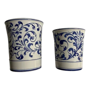 Blue and White Cachepots With Floral Scroll Design, Hand Painted in Italy- Set of 2