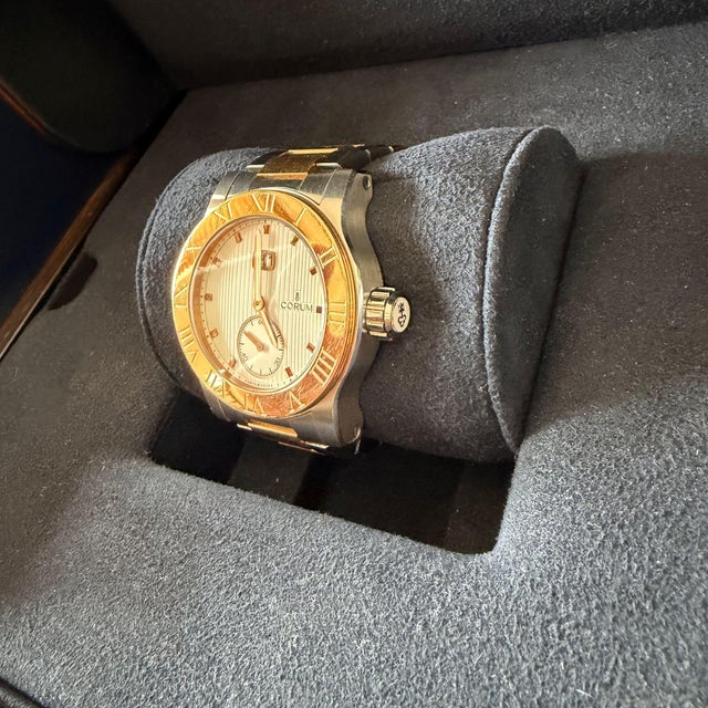 Art Deco Early 20th Century Corum Romulus 18k Rose Gold 2-Tone Champagne White Dial 42mm Watch Full Set For Sale - Image 3 of 12