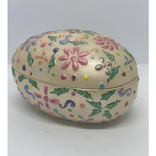 Shabby Chic Vintage Black Bird Mold Inc. Hand Painted Multicolored Ceramic Egg Shaped Lidded Box For Sale - Image 3 of 13
