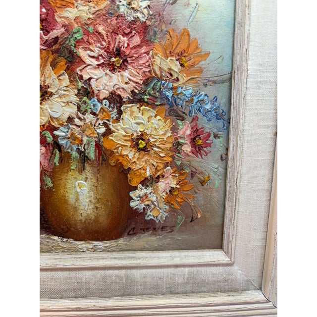 Vintage Impasto Oil Floral Still Life Oil Painting in Textured Cream Wood Frame For Sale - Image 4 of 8
