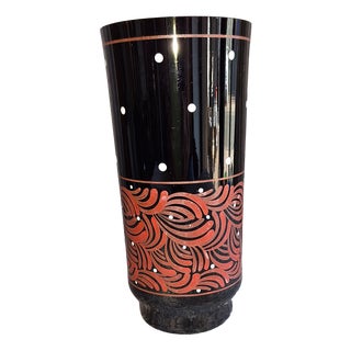 Art Deco Vase with White and Red Hand-Painted Decoration on Black Glass, 1930s For Sale