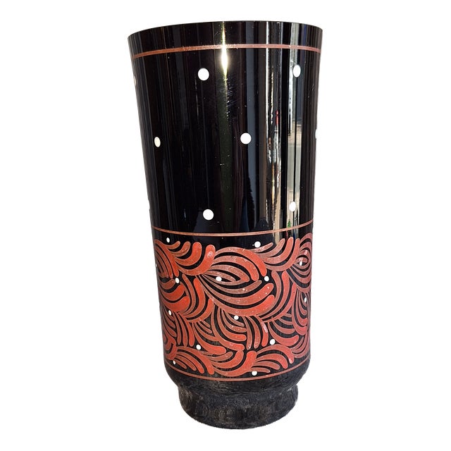 Art Deco Vase with White and Red Hand-Painted Decoration on Black Glass, 1930s For Sale