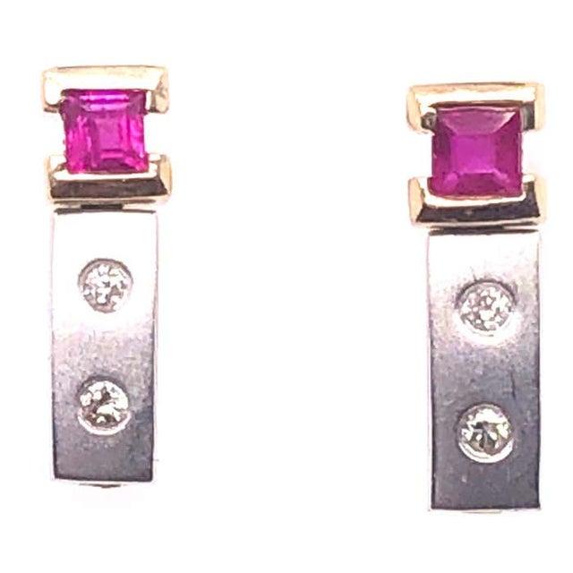 Metal 14 Karat White and Yellow Gold Screw Back Ruby Earrings With Diamonds For Sale - Image 7 of 8