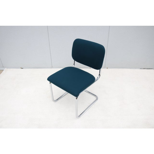 Metal Bauhaus Marcel Breuer Cesca Upholstered Side Chair in Blue Fabric by Gordon For Sale - Image 7 of 18