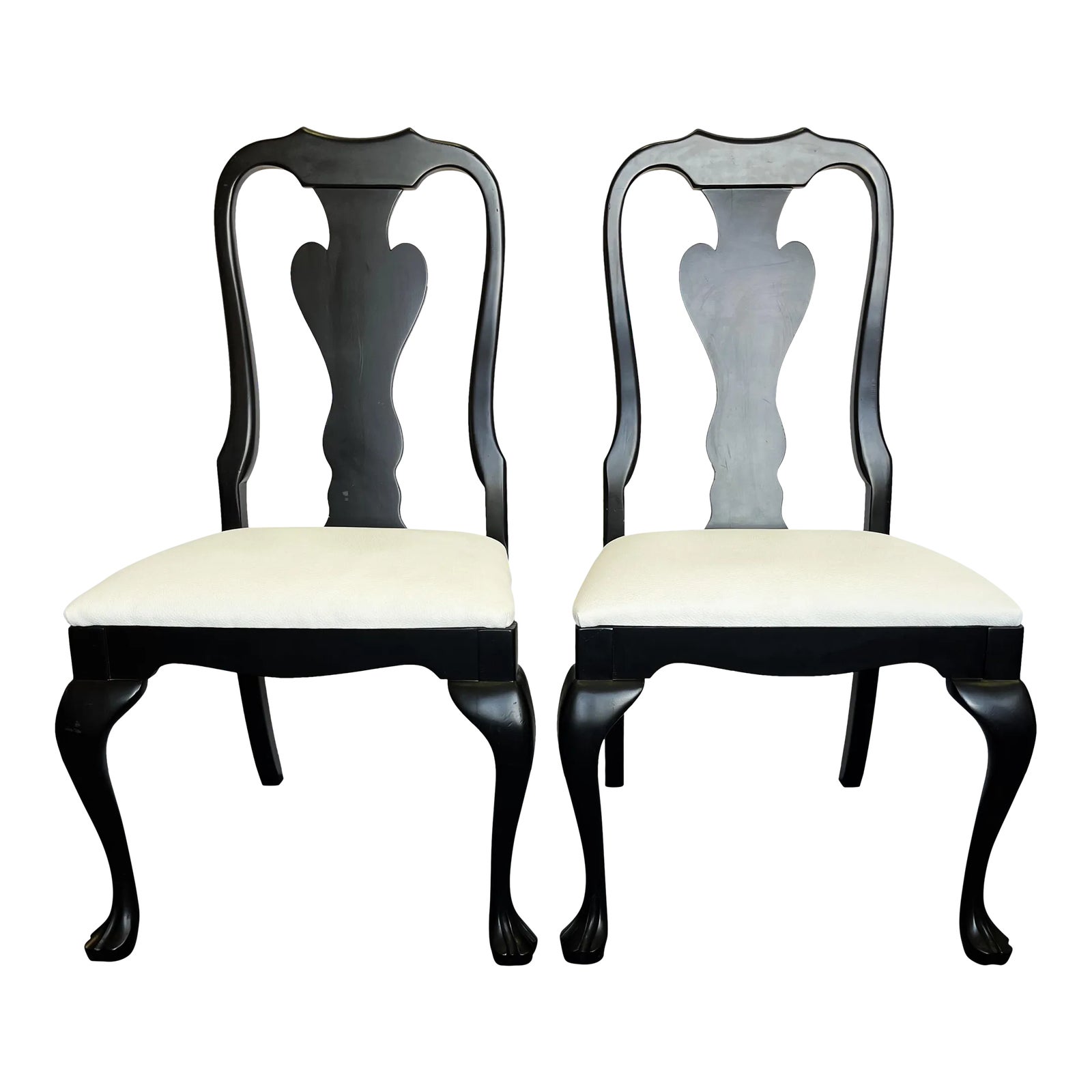 Queen Anne Chairs With Matte Black Finish and Faux Leather Upholstery