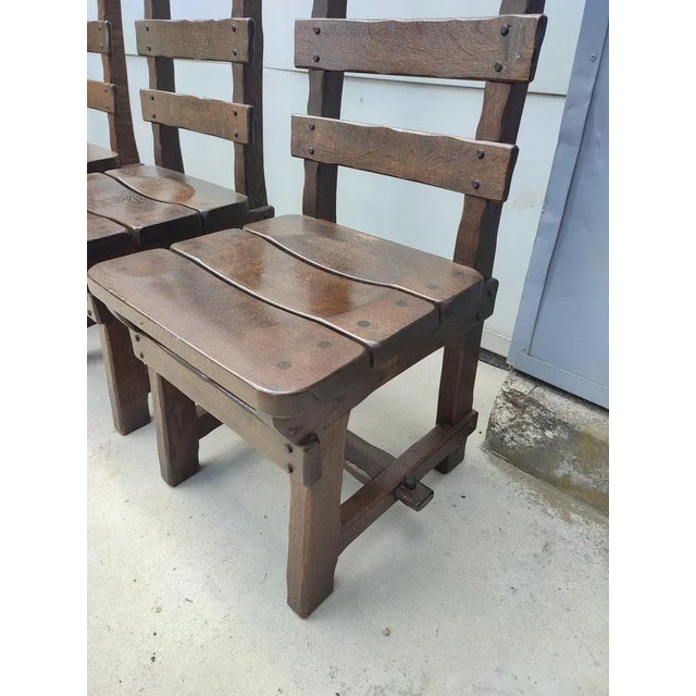 Brown Brutalist Belgian Oak Dining Chairs, 1965, Set of 6 For Sale - Image 8 of 9