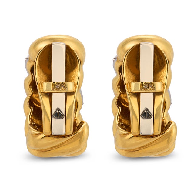 1970s Vintage Diamond 18k Yellow Gold and Platinum Hoop Ear Clips, Pair For Sale - Image 5 of 5