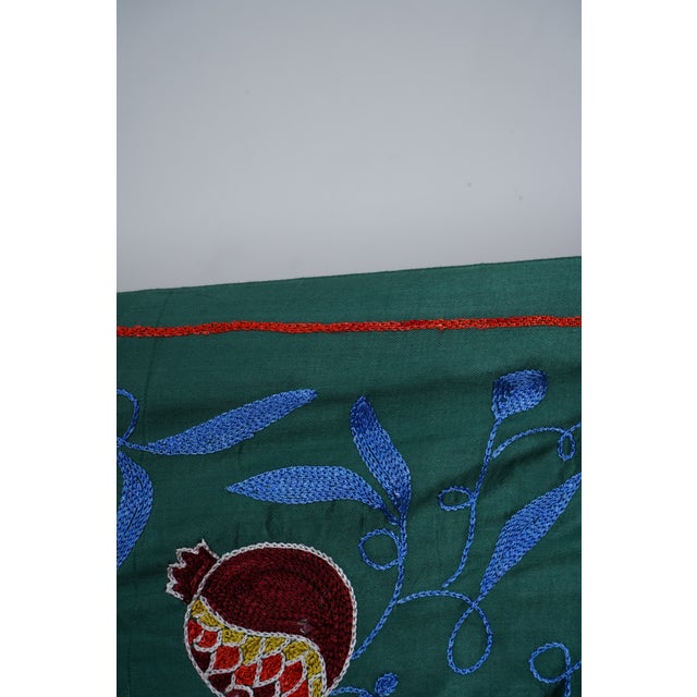 Green Uzbek Suzani Embroidered Table Runner – Red Pomegranate Floral Boho Textile 1'8'' X 6'1'' For Sale - Image 10 of 12