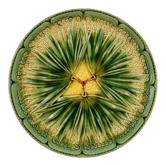 1880's French Sarreguemines Palm Leaf Majolica Plate For Sale