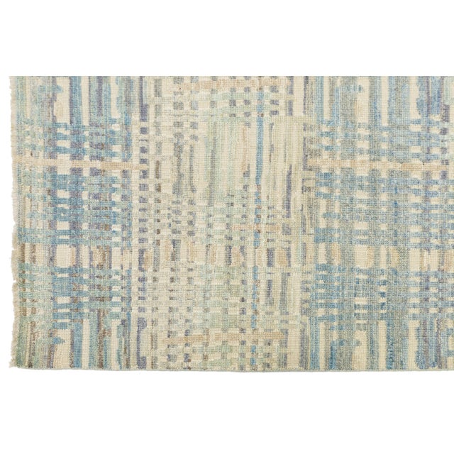 Modern Abstract Plaid Wool Area Rug – Coastal Blue & Sage Green 9x12 For Sale In New York - Image 6 of 11