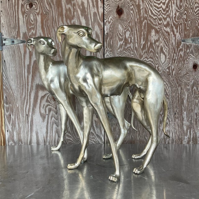 Late 20th Century Vintage Boho Monumental White Brass Standing Dogs - a Pair For Sale - Image 5 of 10