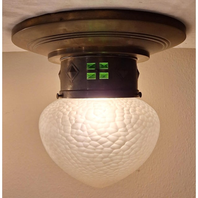 Metal Antique German Art Nouveau Ceiling Lamps with Elaborate Brass Mounting and Original Frosted Relief Glass Shade, 1890s, Set of 2 For Sale - Image 7 of 8