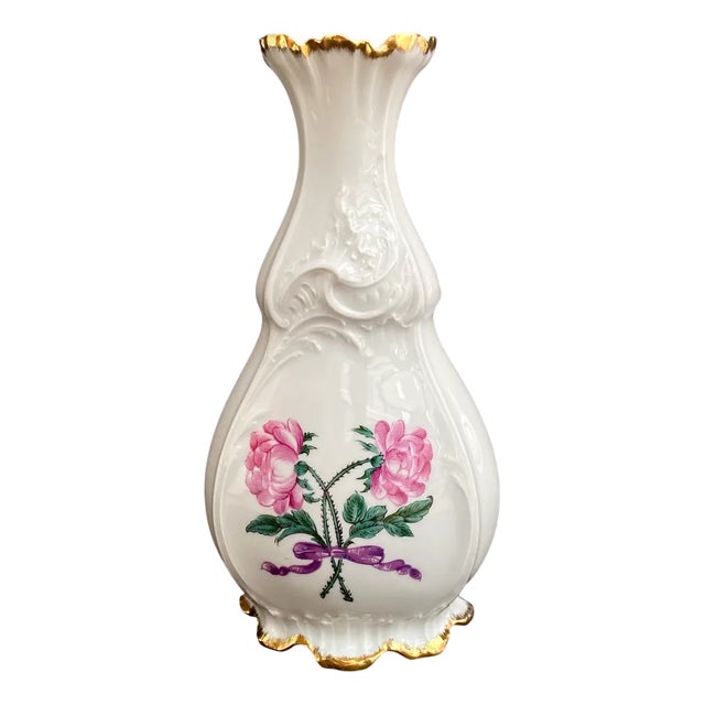 Vintage French Vase in Hand-Painted Porcelain with Floral and Gold Decoration from Limoges, 1980s For Sale