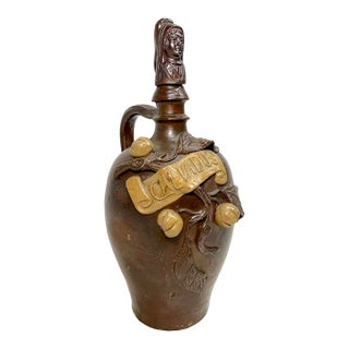 Antique Handmade Figural Calvados French Stoneware Pottery Decanter Flask For Sale