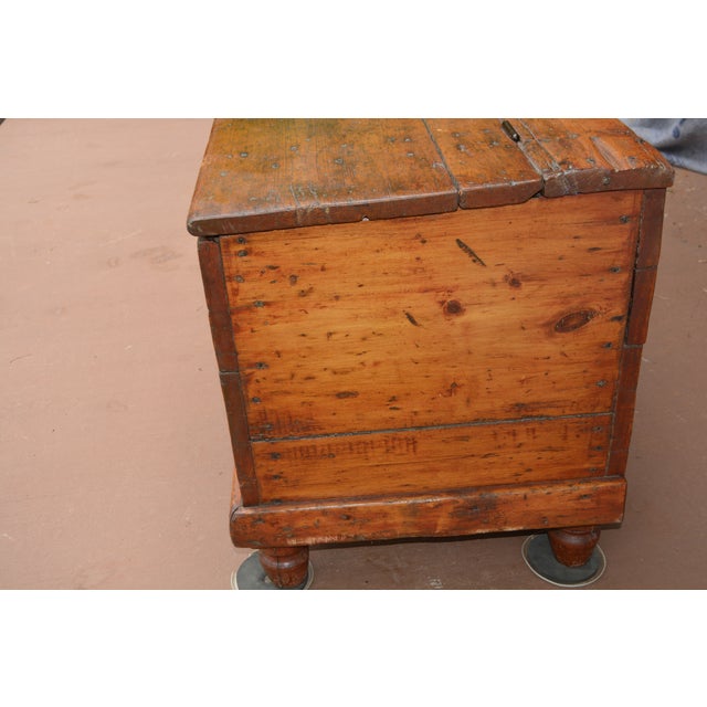 Antique European Rustic Wood Pine Trunk / Blanket Box W/ Double Lift Up Lids For Sale - Image 10 of 17