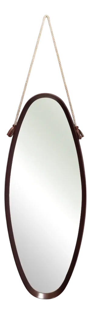 Vintage Oval Wall Mirror with Ebonized Beech Frame and Nylon Rope, Italy, 1950s