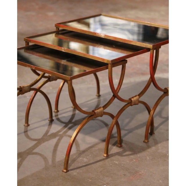 French Set of 3 Early 20th Century French Art Deco Gilt Iron Nesting Tables For Sale - Image 3 of 10