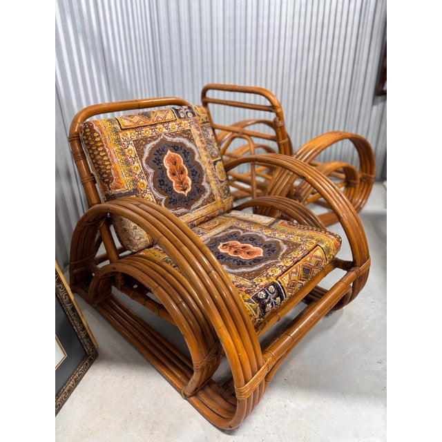 Camel Fully Refurbished, Double Tear-Drop Stacked Rattan Bamboo Sofa and Chair Living Room Set. Mid-Century, Rattan in the Manner of Paul Frankl. For Sale - Image 8 of 13