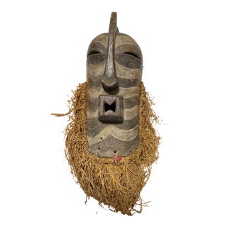 African Songye Kifwebe Wooden Mask 19" H W/Raffia Beard For Sale