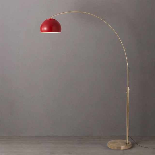 Half Dome 92" Arc Lamp, Mid-Century Modern, Weathered Brass, Crimson Red Steel Shade, Dimmable For Sale In Los Angeles - Image 6 of 7