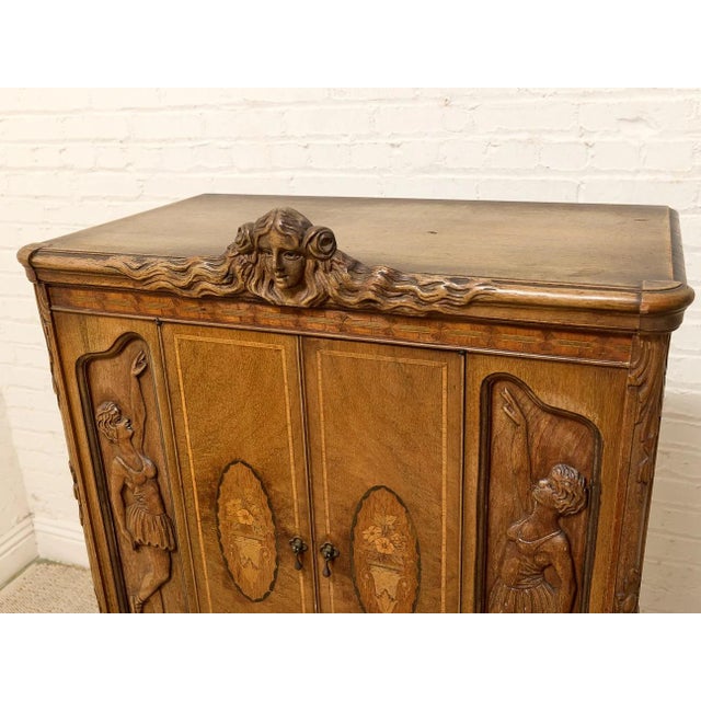 French Antique French Louis XV Style Figural Marquetry Cabinet For Sale - Image 3 of 12
