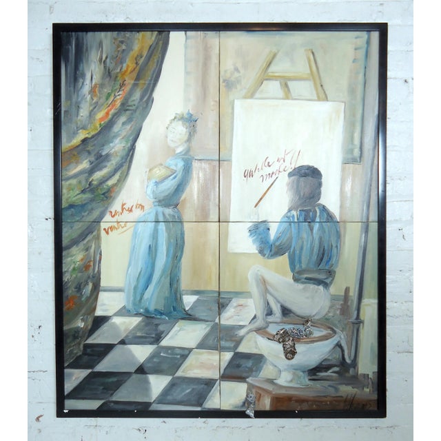 This odd painting on canvas features a woman being painted by an artist, signed by artist. Dimensions: H 44.5 in. x W 37.5...
