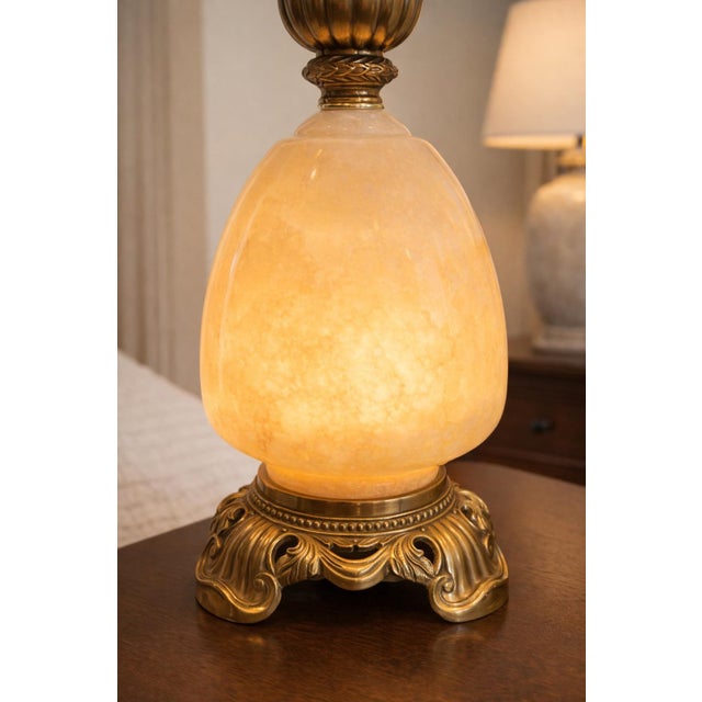 Hollywood Regency 1950s Hollywood Regency Alabaster & Heavy Cast Brass Table Lamps – 35” - a Pair For Sale - Image 3 of 10