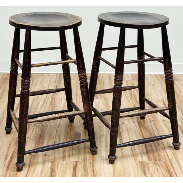 Farmhouse Vintage English Style Turned Wood Bar Stools, a Pair For Sale - Image 3 of 13