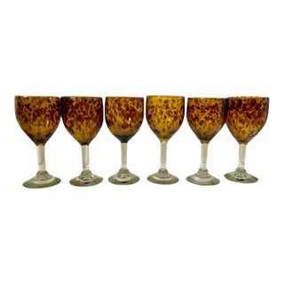 Tortoise Shell Glass Hand Blown Wine Glasses Goblet Drinking Set of 6 For Sale