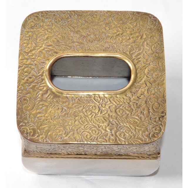 1970s Bohemian Hand Embossed Jewelry Gold Silver Tissue Box Cover Veratex India For Sale - Image 9 of 14