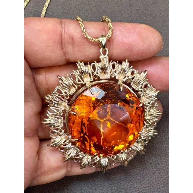 Metal Vintage 150 Ct Round Shape Citrine Pendent 14 Kt Yellow Gold with Chain Italy For Sale - Image 7 of 18