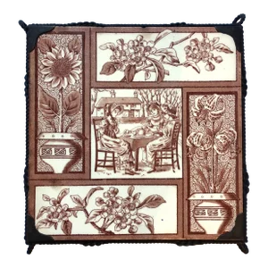 1881 Brown Aesthetic Movement Tile / Trivet Tea Party & Flowers by Kate Greenaway