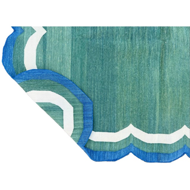 Casa Cosima Handmade Cotton Area Scalloped Rug Forest Green, Cream and Royal Blue Border Dhurrie - 12'x15' For Sale - Image 4 of 11