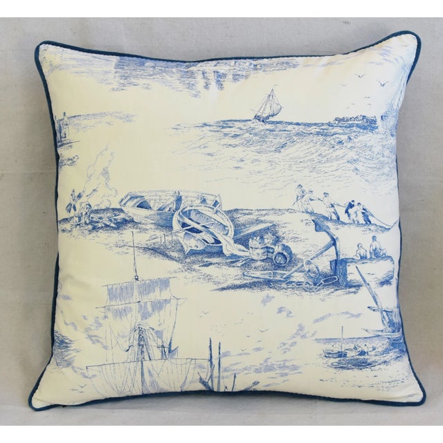 Custom-tailored pillow in vintage "Port De Pech" cotton toile fabric from the French fabric house of Thevenon 1908 Fabrics...