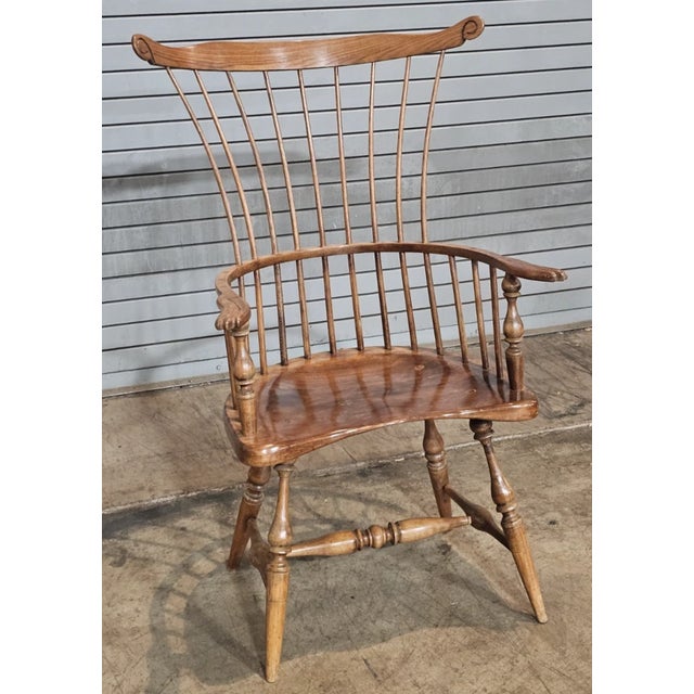 Store Item: Philadelphia Style Bench Made High Fan Back Windsor Arm Chair Carved Knuckles Description: 18th century style...