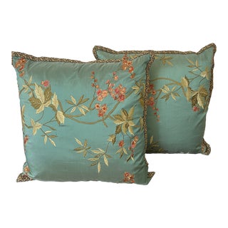 Nancy Corzine Pair of Turquoise Silk Pillows With Hand Embroidery For Sale