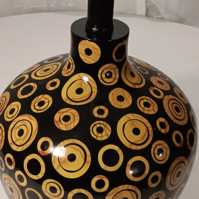 Vintage Mid-Century Modern Wood Lamp With Black Base Color and Embellished With Light Tan Circles With a Touch of Red Grain Lines For Sale - Image 9 of 12