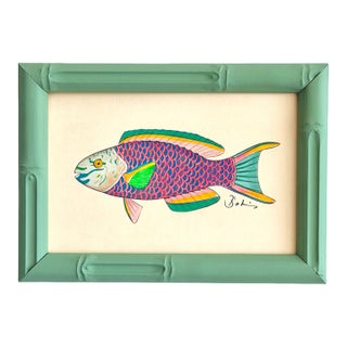 Original Hand-Painted Fish Painting in a Hand-Painted Frame For Sale