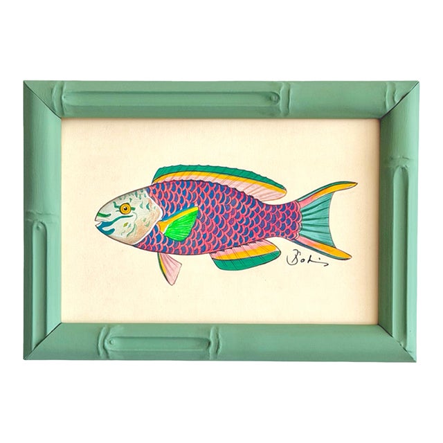 Original Hand-Painted Fish Painting in a Hand-Painted Frame For Sale