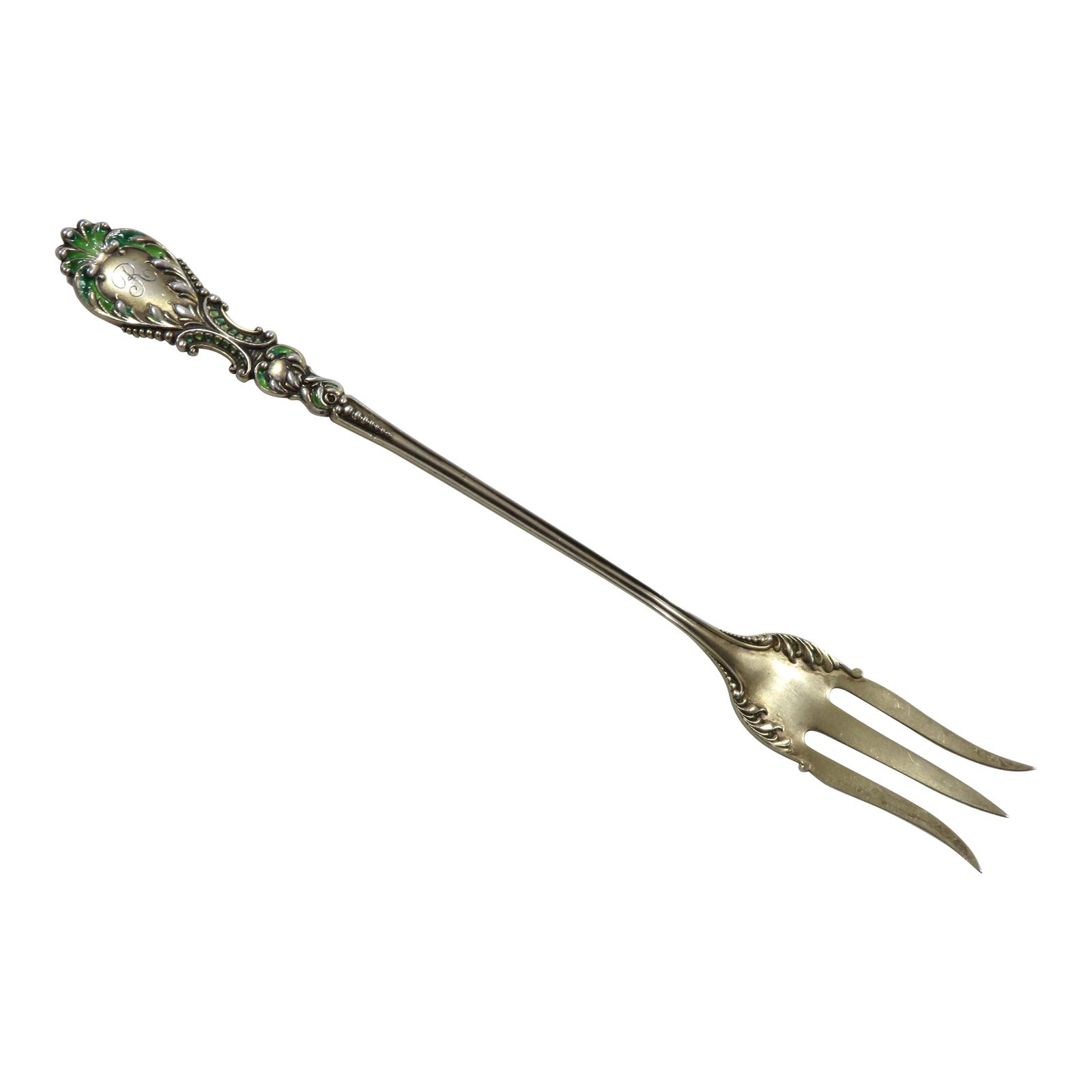 Pretty Antique American Sterling Silver Colorful Enameled Pickle Fork
