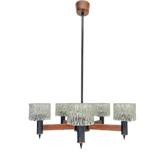 Teak and Textured Glass Chandelier by Carl Fagerlund for Orrefors, 1960s For Sale