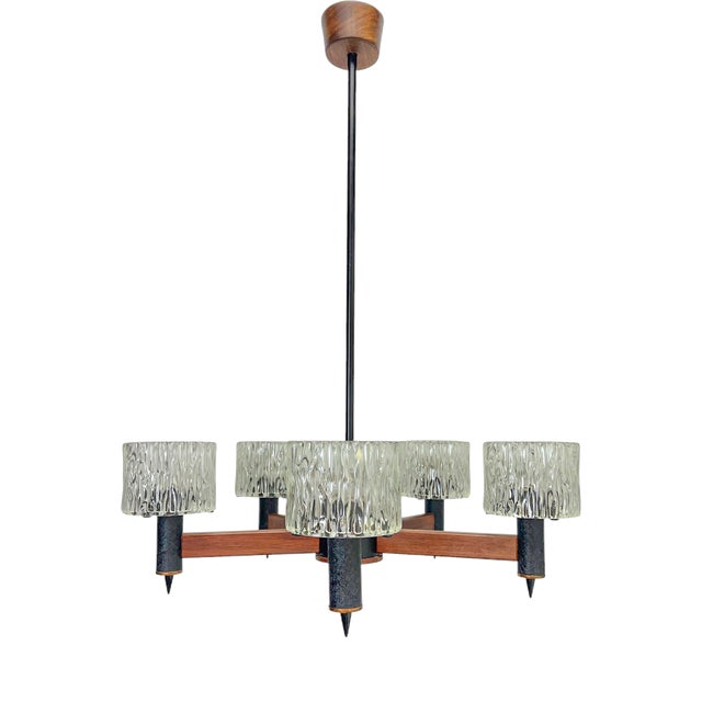Teak and Textured Glass Chandelier by Carl Fagerlund for Orrefors, 1960s For Sale