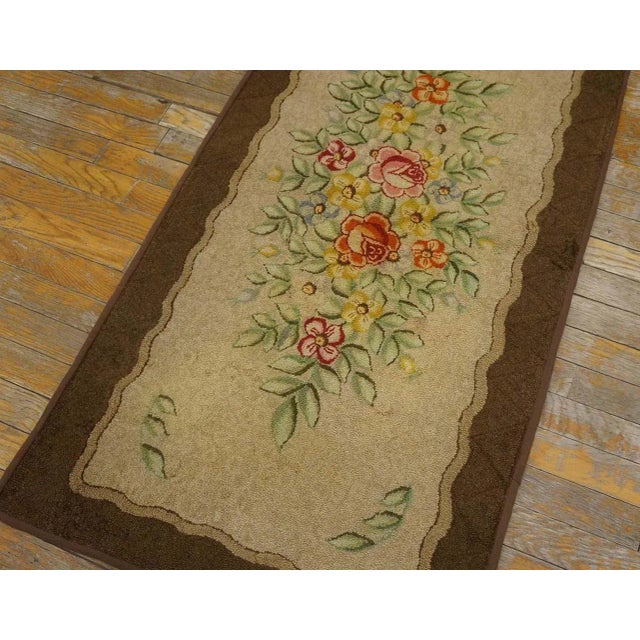 A Ivory Background Color With Beautiful Roses Centerpiece in Floral Pattern Antique American Hooked Rug For Sale - Image 10 of 12
